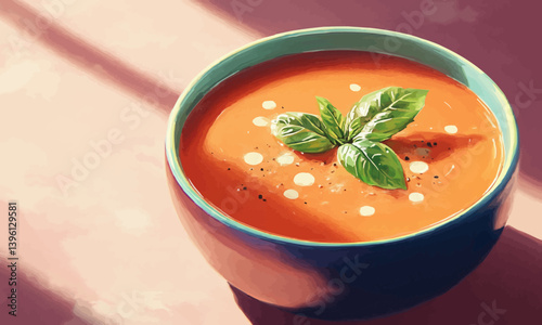 A detailed and well-focused image of a bowl of tomato soup garnished with basil leaves and cheese dots.