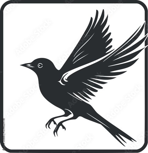 A stylized illustration of a bird in flight with extended wings and a dynamic pose.
