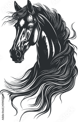 Stylized portrait of a majestic horse with flowing mane highlighting elegance and beauty.