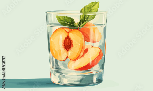 A detailed, minimalist image showing a glass filled with water infused with peach slices and fresh mint leaves.