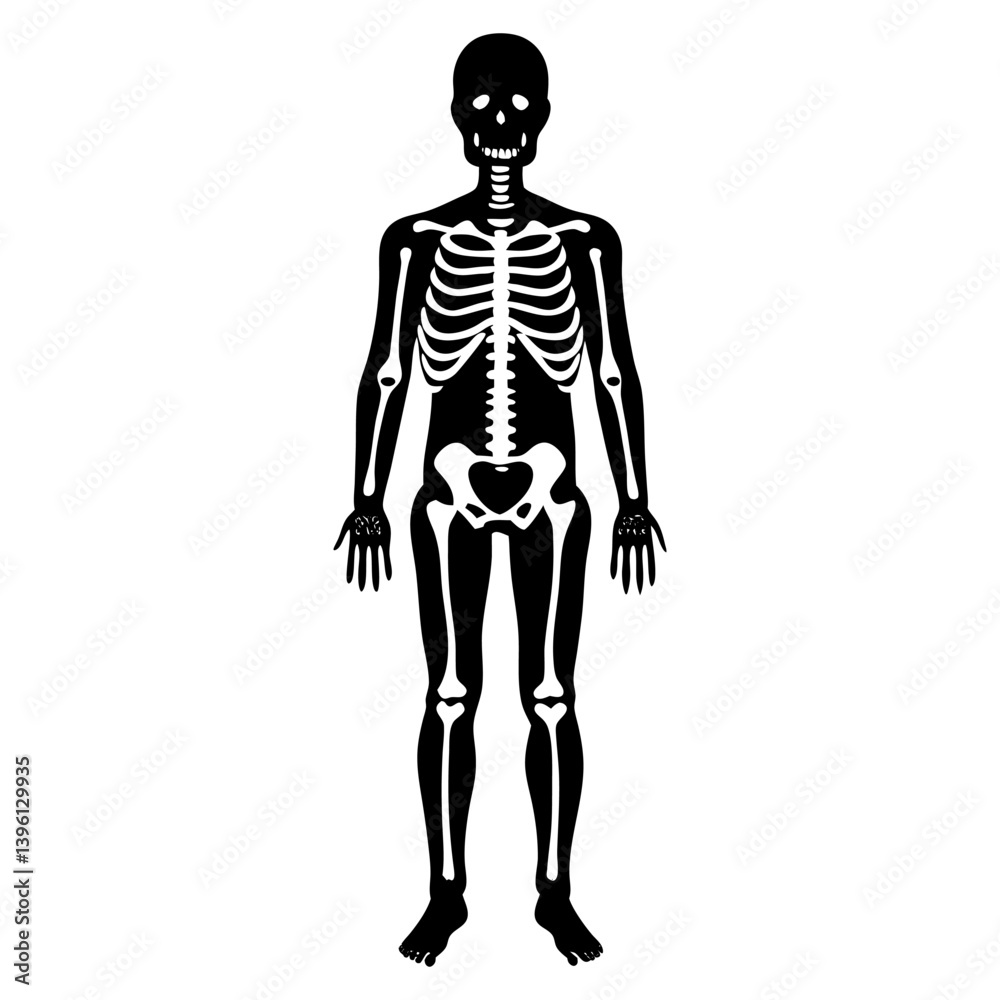 Human skeleton anatomy illustration shows the body's bone system and skull Human skeleton anatomy illustration shows the body's bone system and skull