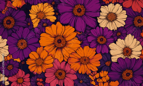 Wallpaper Mural A colorful floral pattern with purple and orange flowers Torontodigital.ca