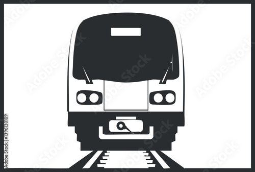 Stylized black and white illustration of a train emphasizing its front view on tracks.