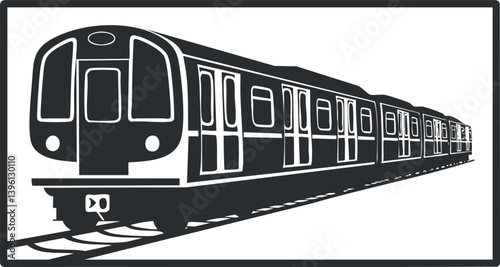 A sleek silhouette of a subway train moving along railway tracks in a modern urban environment.
