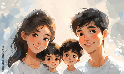 A family of four people, Asian people,Father and mother, two boys, mother short hair, A very happy smile,