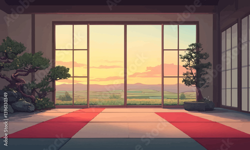 A contemporary animation showing an unoccupied Japanese dojo with karate mats, bonsai trees, and a view of terraced fields and a sunset sky through the window.