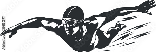 A dynamic silhouette of a swimmer in motion, showcasing athleticism and speed in water.