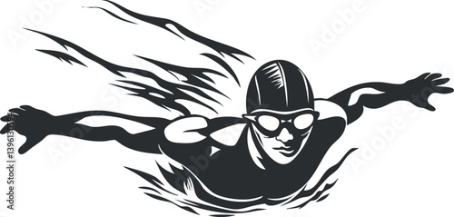 A dynamic silhouette of a swimmer in a competitive swimming pose showcasing athleticism and speed.