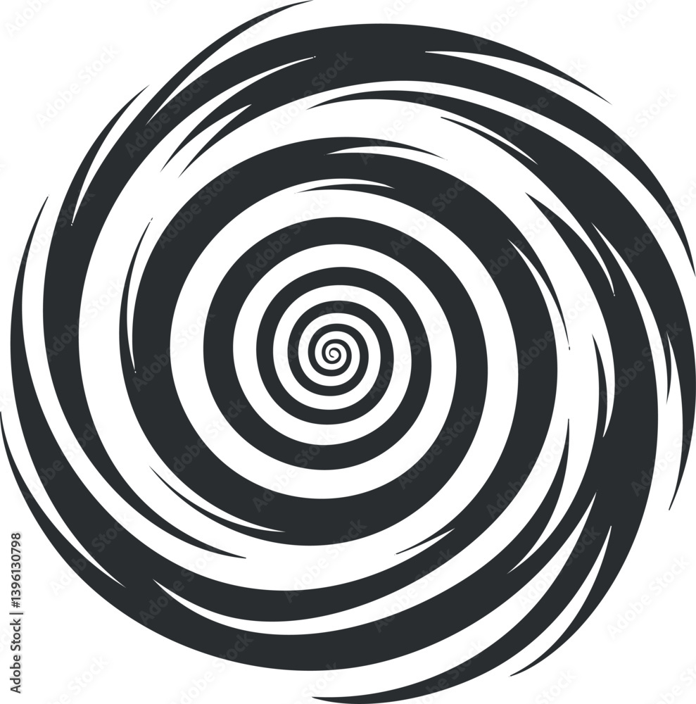 A dynamic abstract spiral design featuring black and white swirling patterns in a circular shape.