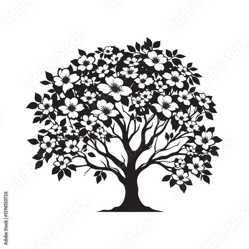 Dogwood Tree Vector Silhouette, Beautiful Nature Tree Outline, Spring-Inspired Clipart for Wall Art, Logos, Stickers, Apparel, Digital Prints, Crafts, Posters, and Home Decor.