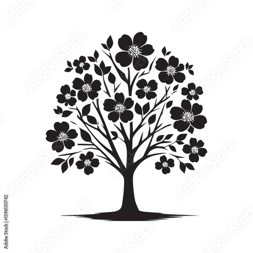 Dogwood Tree Vector Silhouette, Beautiful Nature Tree Outline, Spring-Inspired Clipart for Wall Art, Logos, Stickers, Apparel, Digital Prints, Crafts, Posters, and Home Decor.