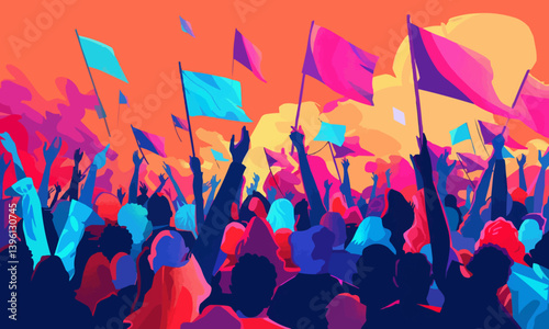 A crowd of people with raised hands and flags. Political revolution. vector flat bright colors