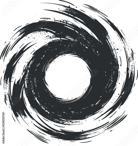 An abstract black swirl design with a circular shape and dynamic brushstroke texture.