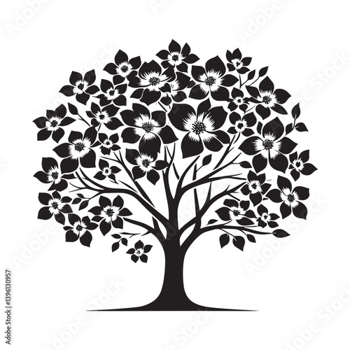 Dogwood Tree Vector Silhouette, Beautiful Nature Tree Outline, Spring-Inspired Clipart for Wall Art, Logos, Stickers, Apparel, Digital Prints, Crafts, Posters, and Home Decor.