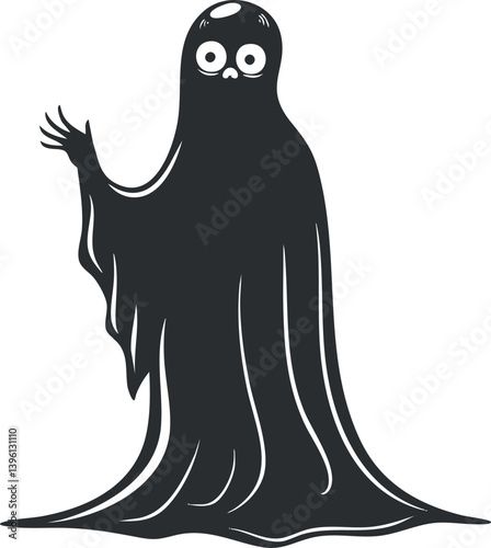 A whimsical ghost character with wide eyes and a flowing sheet, perfect for Halloween themes.