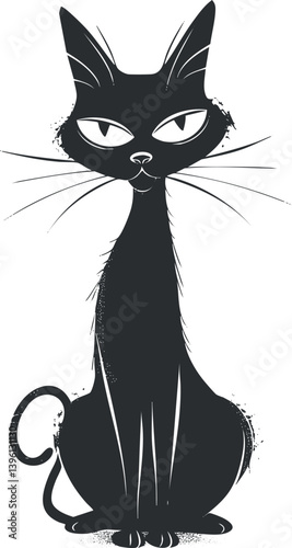 A stylized black cat illustration featuring expressive eyes and a playful pose.
