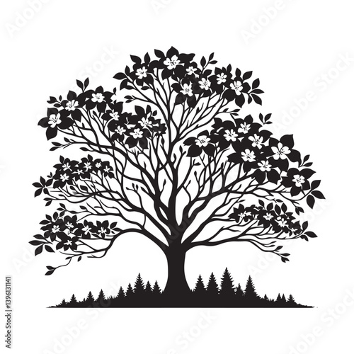 Dogwood Tree Vector Silhouette, Beautiful Nature Tree Outline, Spring-Inspired Clipart for Wall Art, Logos, Stickers, Apparel, Digital Prints, Crafts, Posters, and Home Decor.