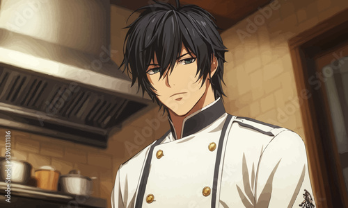 A handsome black hair white uniform chef in kitchen.