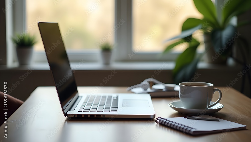 Modern Home Office with Laptop, Coffee, and Notebook – Cozy and Productive Workspace Modern Home Office with Laptop, Coffee, and Notebook – Cozy and Productive Workspace