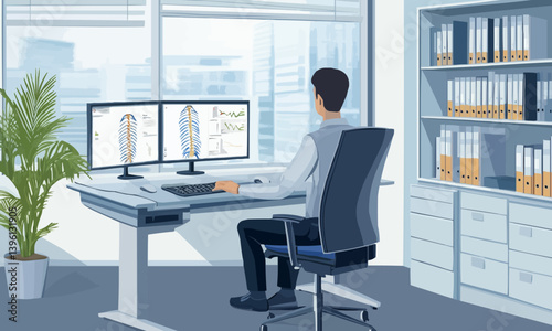 A detailed medical illustration of a person practicing good posture while working at a desk in an office setting during the daytime