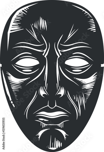 An artistic illustration of a stylized mask showcasing intricate facial features and expressions.