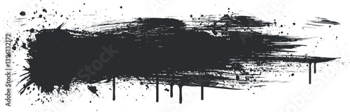 A dynamic black ink splash brushstroke with drips and splatters on a white background.