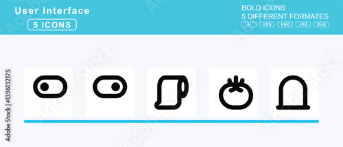 Set of 5 bold user interface icons,tired, tire, flat, pressure, warning, rugged, toggle, off