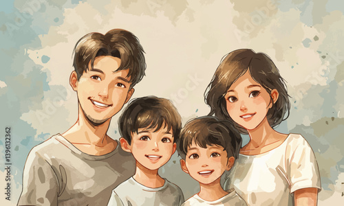 A family of four people, Asian people,Father and mother, two boys, mother short hair, A very happy smile,An illustration dressed white T-shirt