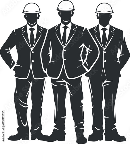 Silhouette of three construction professionals in suits wearing safety helmets representing teamwork and leadership.