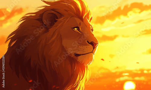A majestic lion with a golden mane gazes into the distance under a warm sunset.