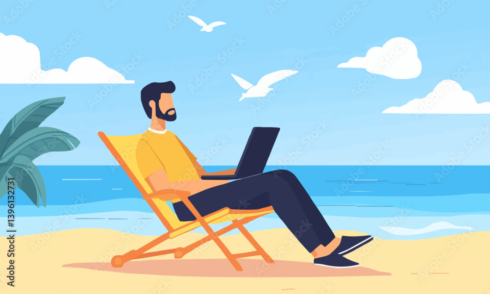 A man using a laptop while sitting on a beach chair with the ocean in the background, representing a remote work lifestyle.
