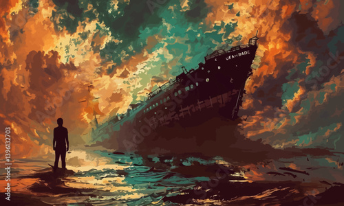 A man standing in a river with his shipwreck against the background of the sky upside down, digital art style, illustration painting
