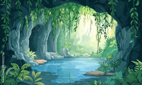 A modern cartoon background featuring a stone cave in the jungle with a pond. A magical cave with a portal inside a cavern lake.