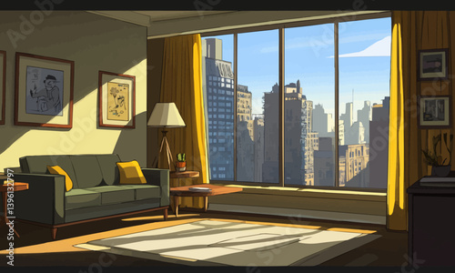 A modern cartoon illustration of a living room in a contemporary apartment, complete with a city view through the window, a couch, a table lamp, framed pictures on the wall, a carpet, and morning