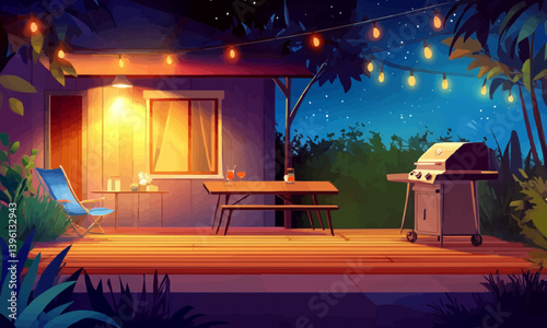 A night-time scene of a decorative wooden terrace featuring a BBQ area. An outdoor picnic barbecue spot on a patio during summer.