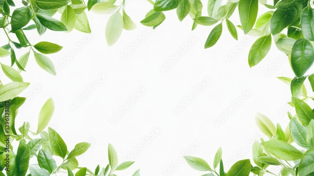 Fresh green leaves frame a white background, perfect for text or design elements. Ideal for spring or nature themes. Fresh green leaves frame a white background, perfect for text or design elements. Ideal for spring or nature themes.