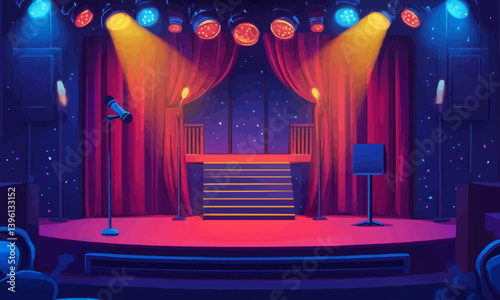 A platform for a performance or television show featuring a microphone, stairs, red curtains, spotlights, lighting, and decorations.