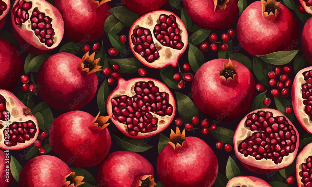 A seamless background pattern featuring pomegranate garnet fruits. A seamless background pattern featuring pomegranate garnet fruits.