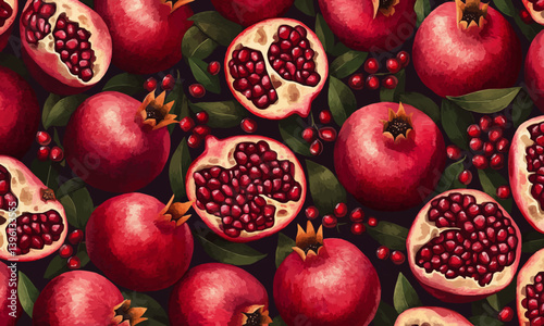 A seamless background pattern featuring pomegranate garnet fruits.