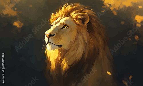 A majestic lion with a golden mane, exuding power and grace, gazes intently forward.