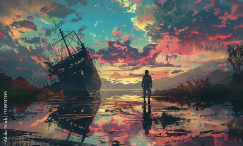A man standing in a river with his shipwreck against the background of the sky upside down, digital art style, illustration painting