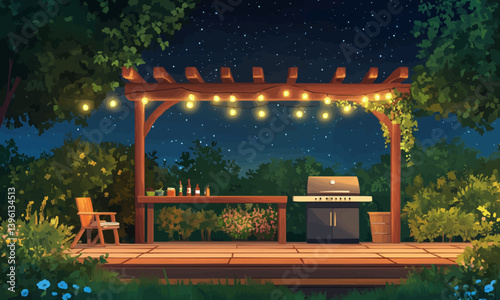 A night-time scene of a decorative wooden terrace featuring a BBQ area. An outdoor picnic barbecue spot on a patio during summer.