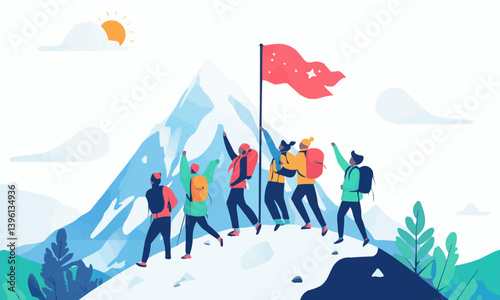 A team of adventurers celebrates reaching the top of a mountain with a flag, illustrating perseverance, collaboration, and achieving a goal.