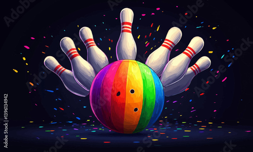 a rainbow colored bowling ball striking a group of bowling pins with the bowling pins flying everywhere against a dark background
