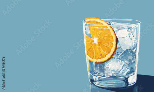 A refreshing cocktail with ice cubes and a slice of orange.