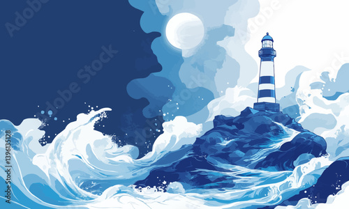 A t-shirt with a creative design of a lighthouse standing tall on a cliff with waves crashing below. The design uses cool blues and whites creating a serene and powerful scene.