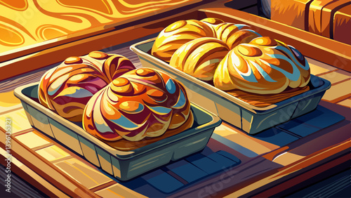 Two trays of sweet bread freshly out of the oven left in the sun light to slowly cool down. Traditional Romanian and Eastern Europe dessert named Cozonac