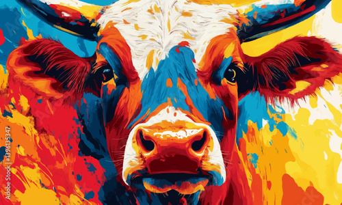 A vibrant, colorful illustration of a cow's face, featuring bold splashes of red, orange, blue, and yellow, creating a lively and dynamic artistic effect