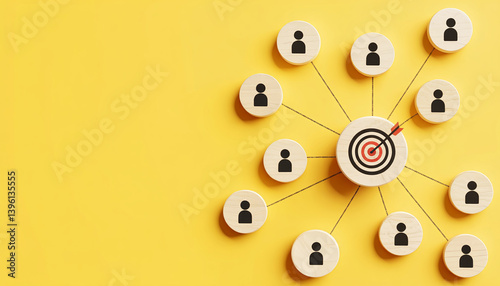 Network of people connected to a target on yellow background representing a business strategy concept