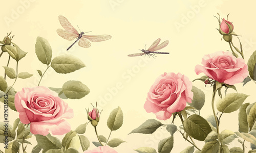 A smooth design of pink roses and dragonflies on a pale yellow base, highlighting a botanical theme.